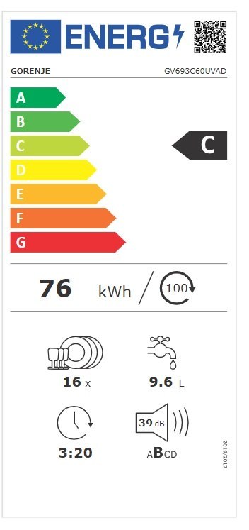 Gorenje | Zmywarka | GV693C60UVAD | Do zabudowy | Szerokość 59,8 cm | Liczba kompletów naczyń 16 | Liczba programów 7 | Klasa ef