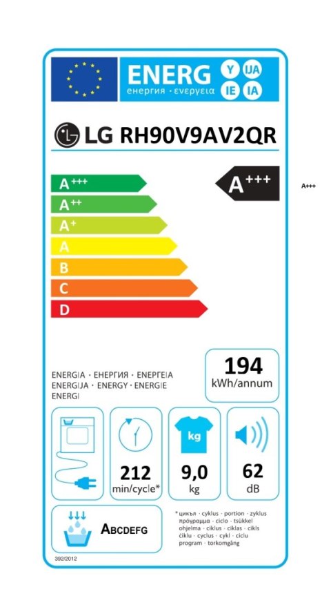 LG | Suszarka | RH90V9AV2QR | Klasa efektywności energetycznej A+++ | Ładowana od przodu | 9 kg | LED | Głębokość 69 cm | Wi-Fi