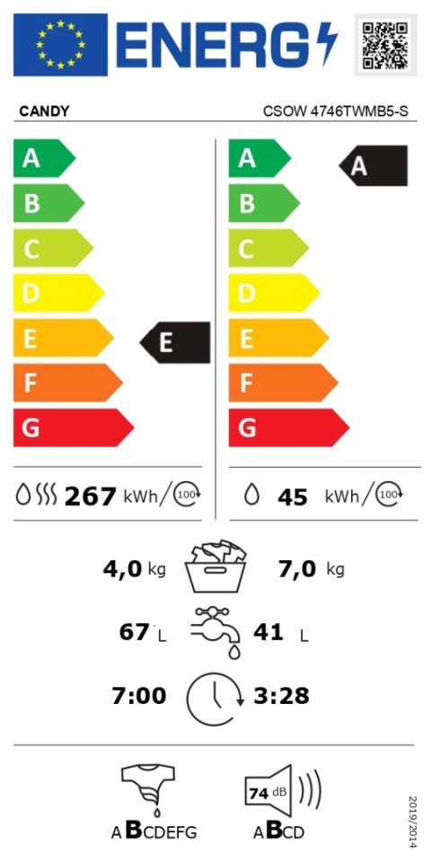 Candy Washing Machine with Dryer | CSOW 4746TWMB5-S | Energy efficiency class A/E | Front loading | Washing capacity 7 kg | 1400