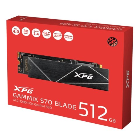 ADATA | XPG Gammix S70 BLADE | 512 GB | Format SSD M.2 2280 | Interfejs SSD PCIe Gen4x4 | Prędkość odczytu 7400 MB/s | Prędkość