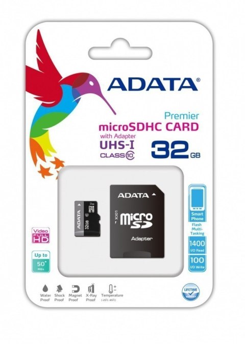 ADATA Premier | Karta pamięci flash | 32 GB | Karta pamięci microSDHC UHS-I | Klasa prędkości UHS Class 1 / Class10