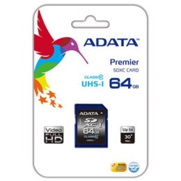 ADATA Premier | Karta pamięci flash | 64 GB | Karta pamięci SDXC UHS-I | Klasa prędkości UHS Class 1 / Class10
