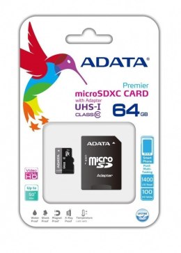 ADATA Premier | Karta pamięci flash | 64 GB | Karta pamięci microSDXC UHS-I | Klasa prędkości UHS Class 1 / Class10