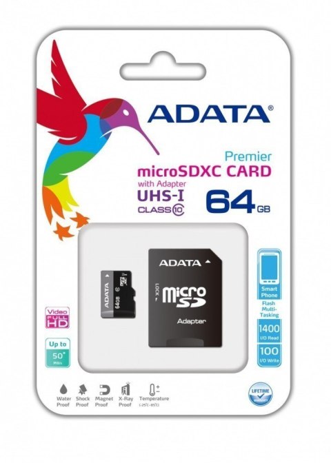 ADATA Premier | Karta pamięci flash | 64 GB | Karta pamięci microSDXC UHS-I | Klasa prędkości UHS Class 1 / Class10