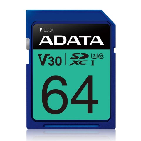 ADATA Premier Pro | Karta pamięci flash | 64 GB | Karta pamięci SDXC UHS-I | Klasa prędkości wideo V30 / UHS-I U3 / Class10