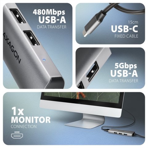 AXAGON HMC-H3A hub USB 5Gbps, 3x USB-A, HDMI 4k/30Hz, kabel USB-C 15cm | AXAGON