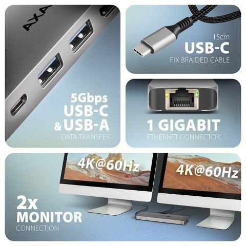 AXAGON USB-C 5Gbps DUAL 4K DISPLAY 7in1 Hub | HMC-7HX2