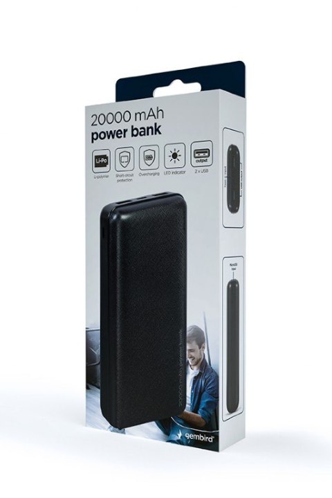 Gembird | PB20-02 | Power Bank | 20000 mAh | 2 x USB-AF | Czarny