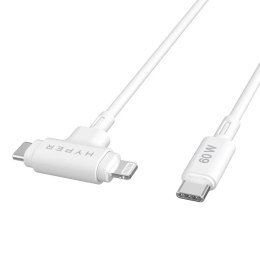 Hyper HyperJuice Silikonowy kabel USB-C do USB-C i Lightning Hybrid 60W, biały | Hyper
