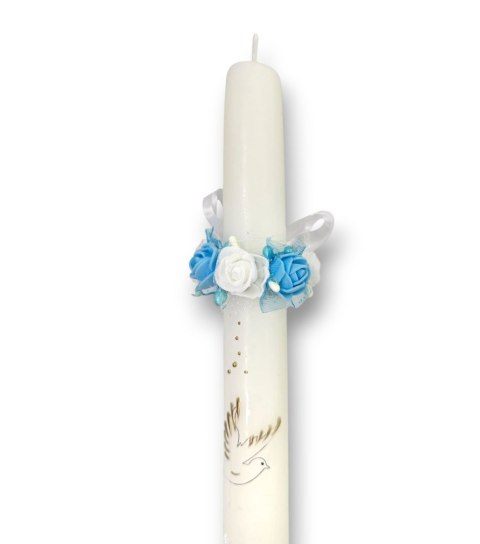 OZDOBA NA ŚWIECE DO CHRZTU PROFITKA DEKORACJA ŚWIECY Z KWIATUSZKÓW