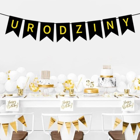 Baner Urodzinowy, Czarno Złoty, Napis URODZINY, 16.5x11.5 cm