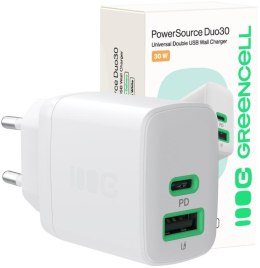 ŁADOWARKA SIECIOWA Greencell PowerSource Duo30 30W 1xUSB-C 1xUSB-A PD 3.0 QC 4.0+ biała