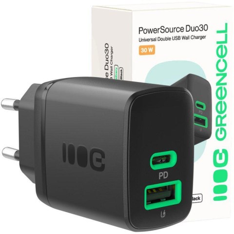 ŁADOWARKA SIECIOWA Greencell PowerSource Duo30 30W 1xUSB-C 1xUSB-A PD 3.0 QC 4.0+ czarna