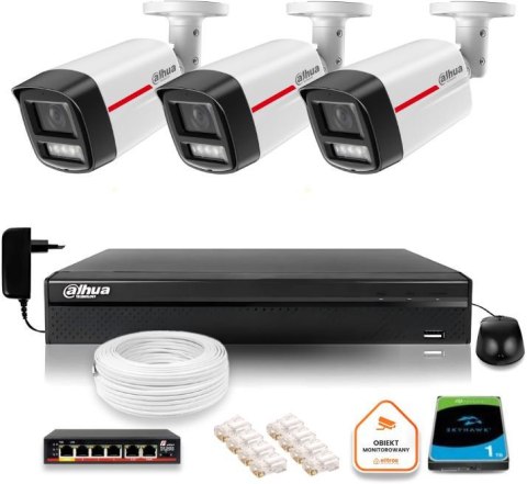 Zestaw monitoringu IP DAHUA 3 kamery zewnętrzne WizColor 2K 4MPx 50m