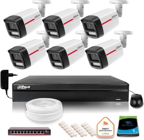 Zestaw monitoringu IP DAHUA 6 kamer zewnętrznych LED 50m WizColor 2K