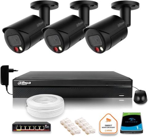 Zestaw monitoringu IP Dahua 4MPx 2K 3 kamery czarne zewnętrzne z dyskiem 1TB